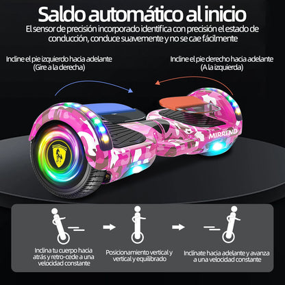 Mirrend T1 Patinete Eléctrico Hoverboard Eléctrico Bluetooth RGB Luz LED 4.4Ah Para Niños Rosa