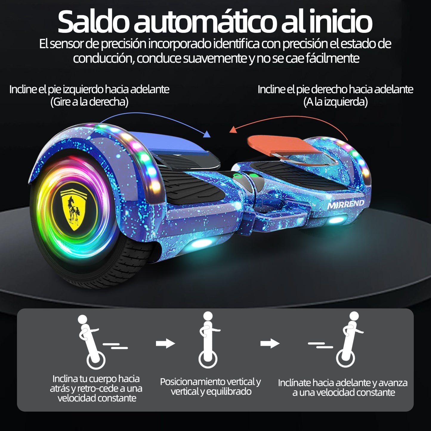 Mirrend T1 Patinete Eléctrico Hoverboard Eléctrico Bluetooth RGB Luz LED 4.4Ah Para Niños Azul Estrellado