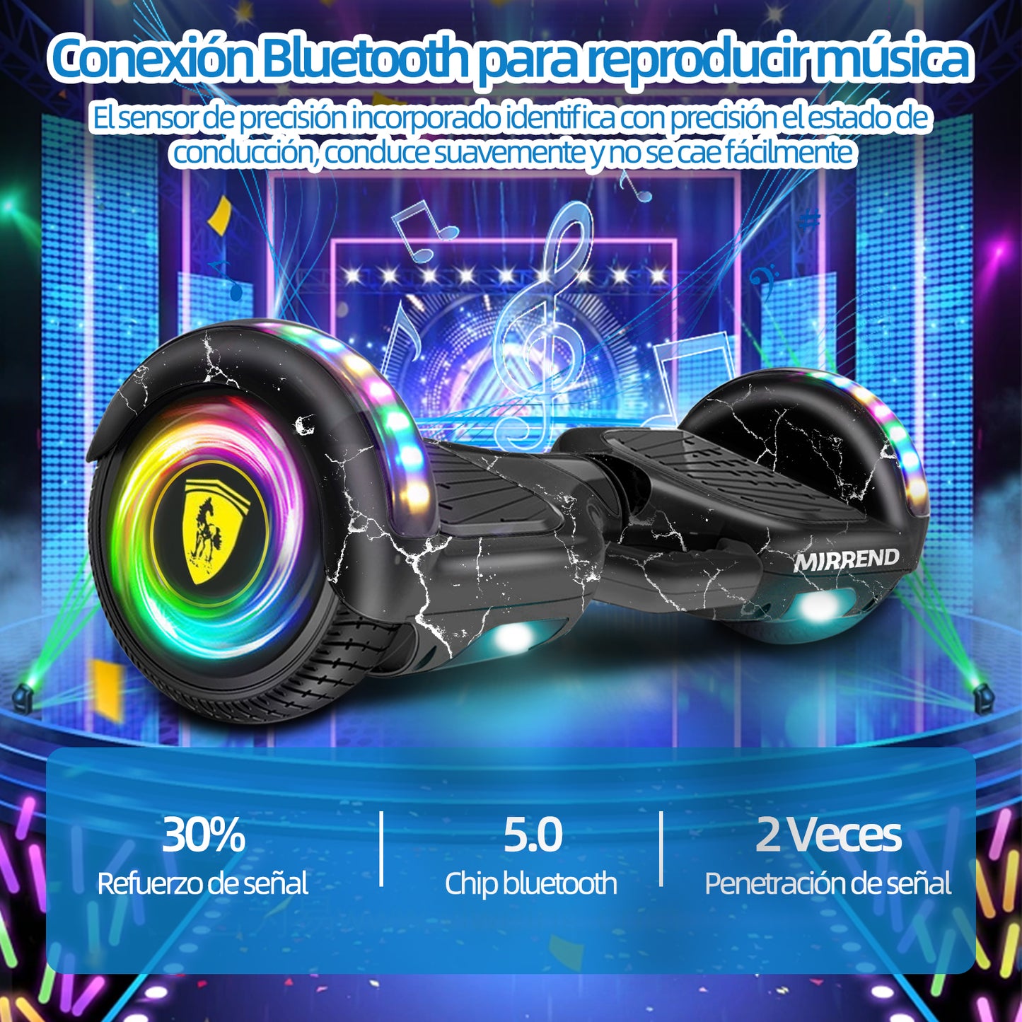 Mirrend T1 Patinete Eléctrico Hoverboard Eléctrico Bluetooth RGB Luz LED 4.4Ah Para Niños Negro Relámpago