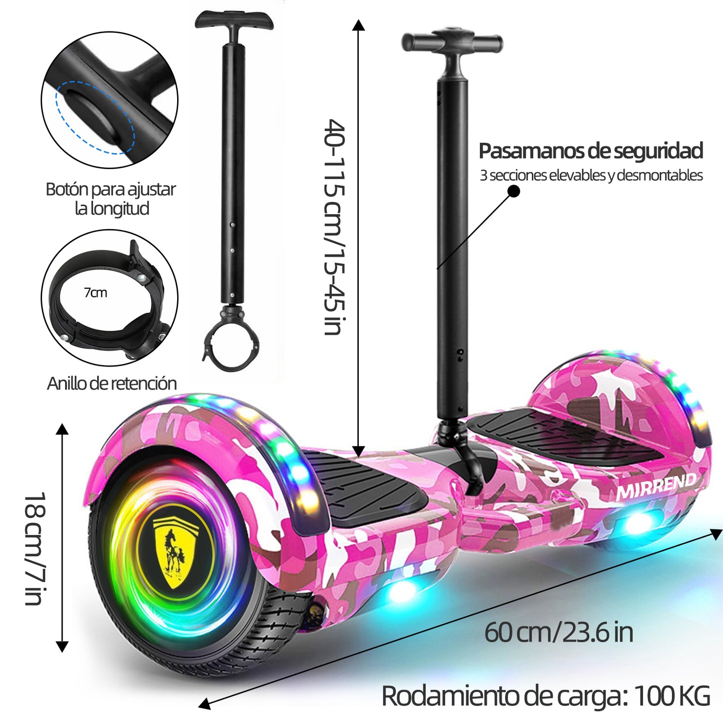 Mirrend T1 Patinete Eléctrico Hoverboard Eléctrico Bluetooth RGB Luz LED 4.4Ah Para Niños Rosa