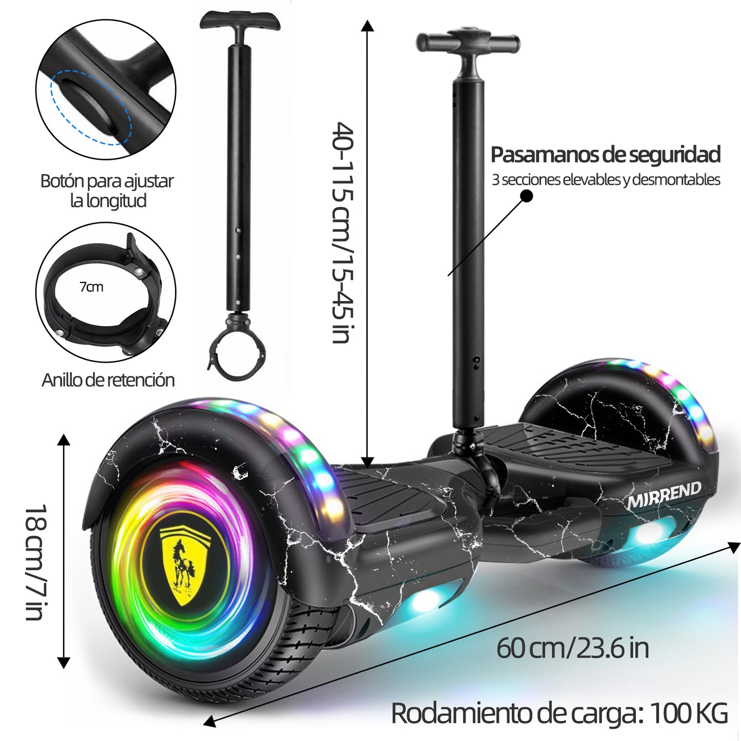 Mirrend T1 Patinete Eléctrico Hoverboard Eléctrico Bluetooth RGB Luz LED 4.4Ah Para Niños Negro Relámpago